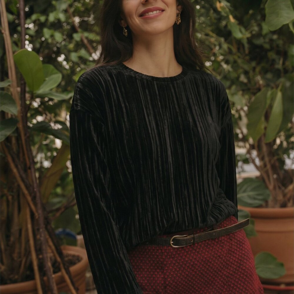 Eileen Fisher crushed black velvet round neck box top large New $298 Evening L